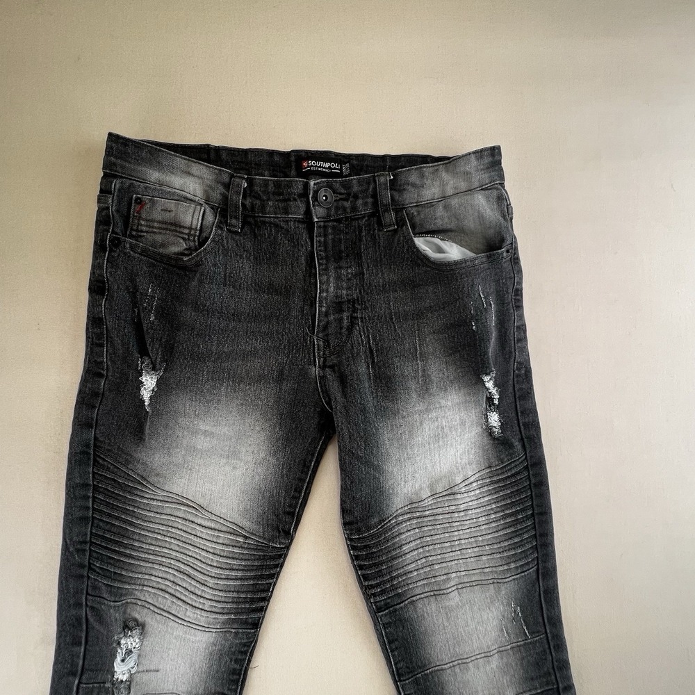 Southpole Mens Skinny Moto Jeans Faded Black Distressed Biker Denim 34x30 - Picture 4 of 10